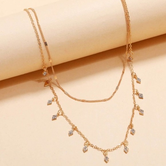 Double Layered Gold Drop Triangle Diamond Necklace - Picture 2 of 7